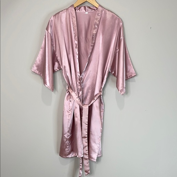Maid Of Honour Elegant Satin Robe Dusty Rose Pink Kimono Wrap Tie Belt Size L - Picture 12 of 12